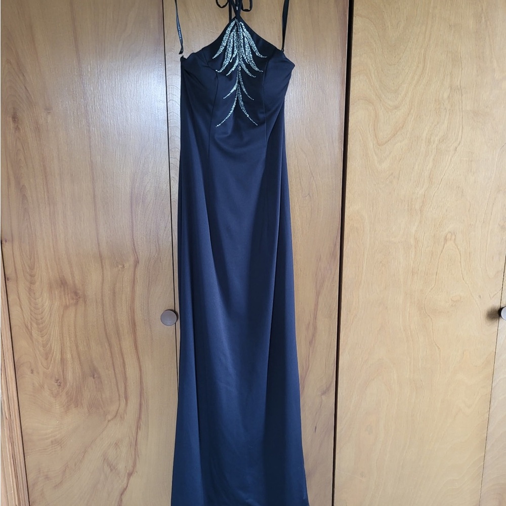 Elegant Black Evening Gown with Silver Beaded Detail